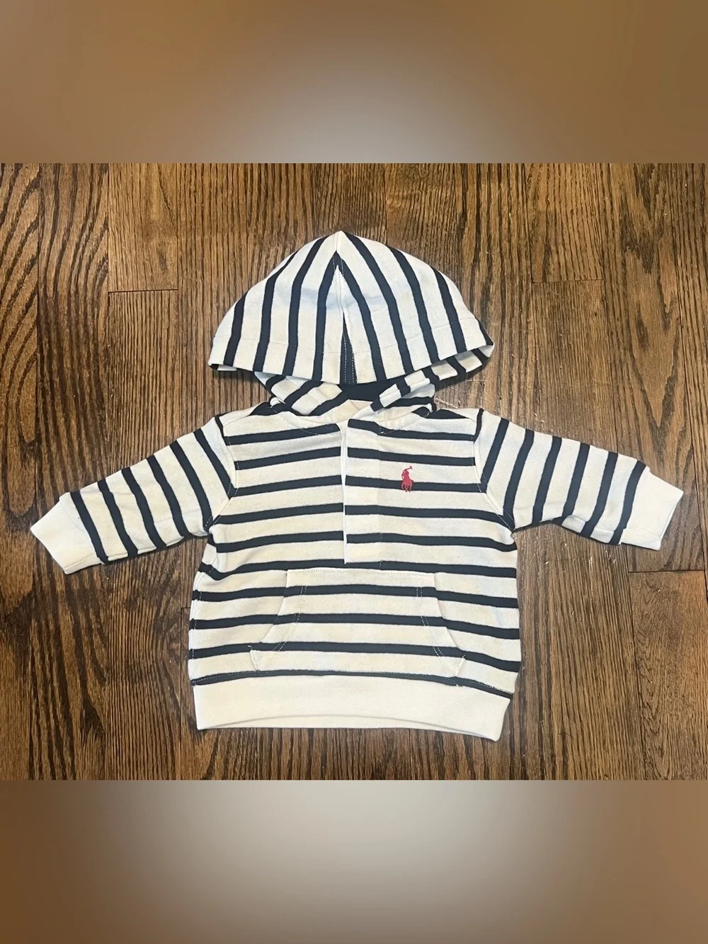 Ralph Lauren White & Navy Striped Hooded Pullover with Pink Pony